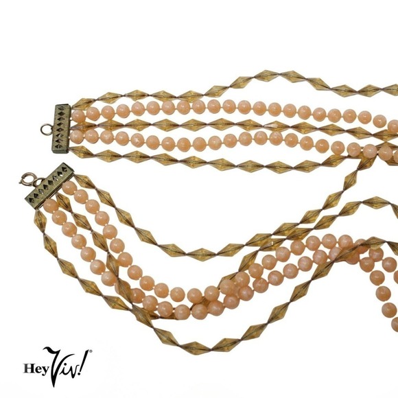 Vintage 5 Strand Necklace Pink Round and Diamond Shaped Beads 25 " Long -Hey Viv - Picture 2 of 6